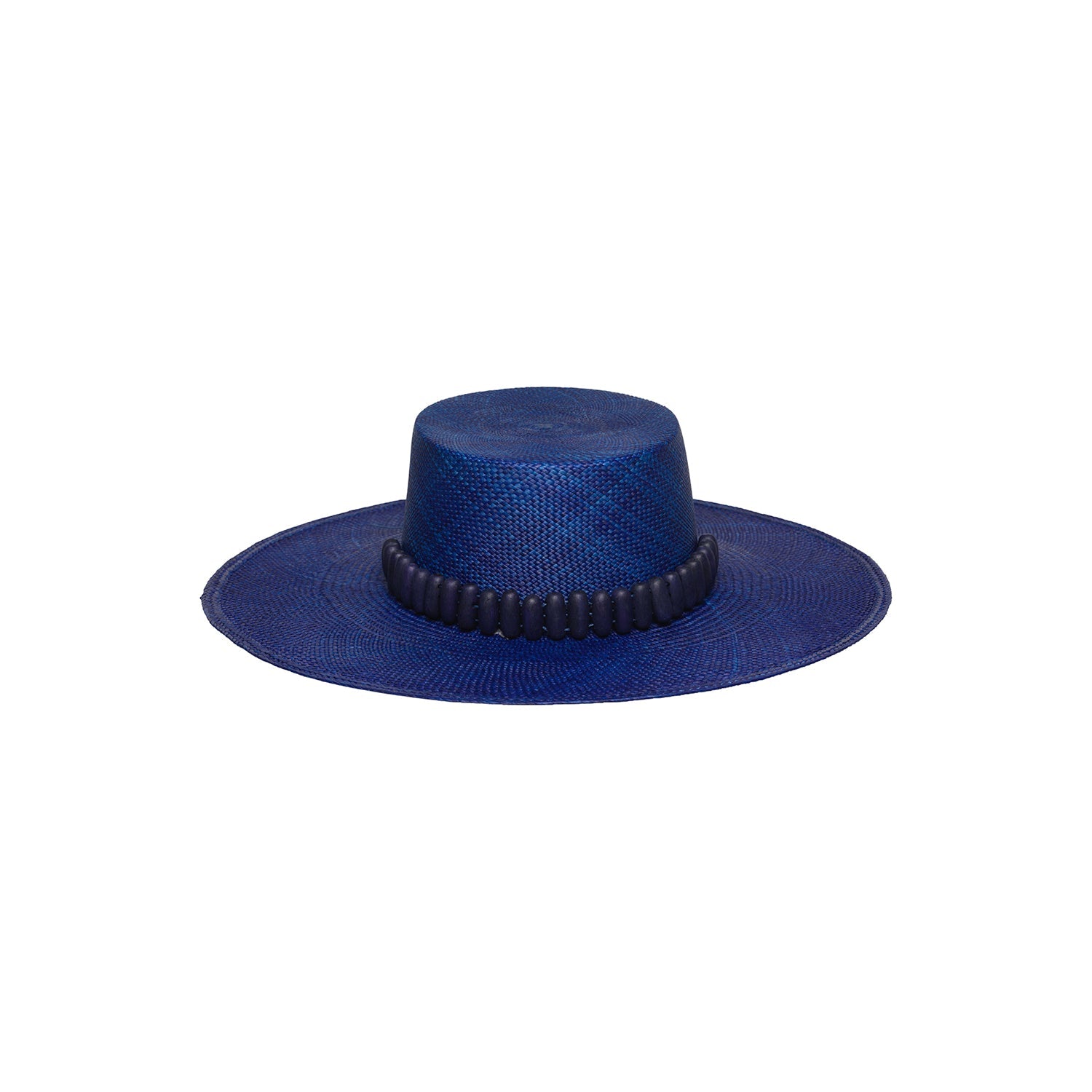 Blue woven Raku Wide Brim hat with dark trim made from toquilla straw