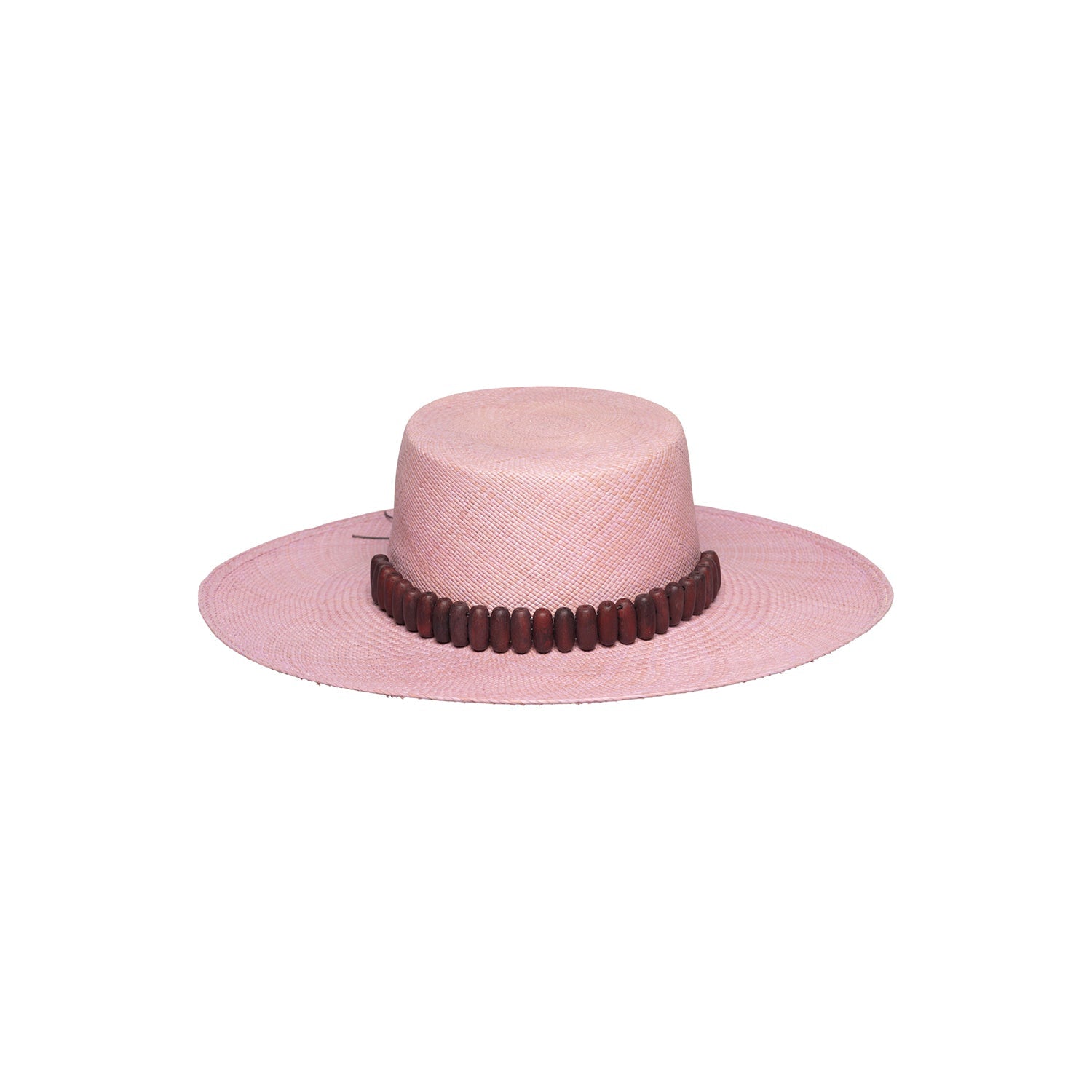 Pink Wide Brim Raku Hat with Brown Beaded Band made from Toquilla Straw and Tagua Nut