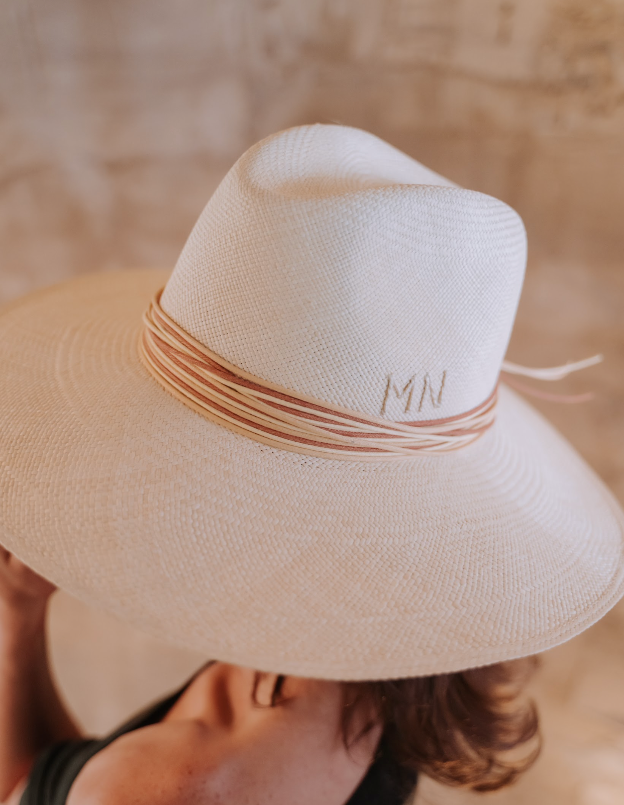 White toquilla straw hat with custom initials, a genuine Panama hat made from sustainable materials