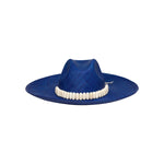 Blue toquilla straw wide brim hat with a white beaded band, stylish and elegant