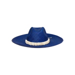 Blue toquilla straw wide brim hat with a white beaded band, stylish and elegant
