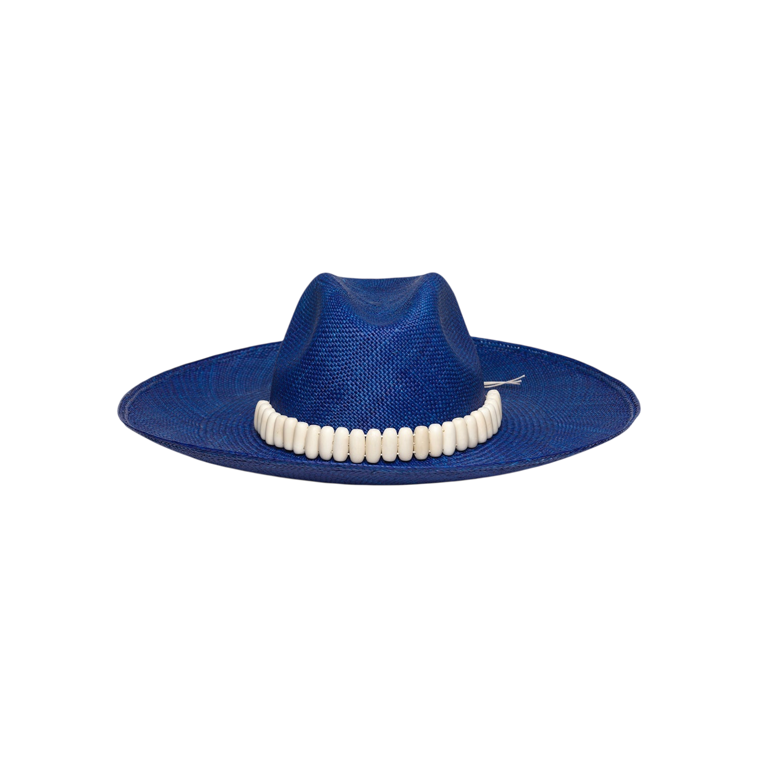 Blue toquilla straw wide brim hat with a white beaded band, stylish and elegant