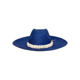 Blue toquilla straw wide brim hat with a white beaded band, stylish and elegant