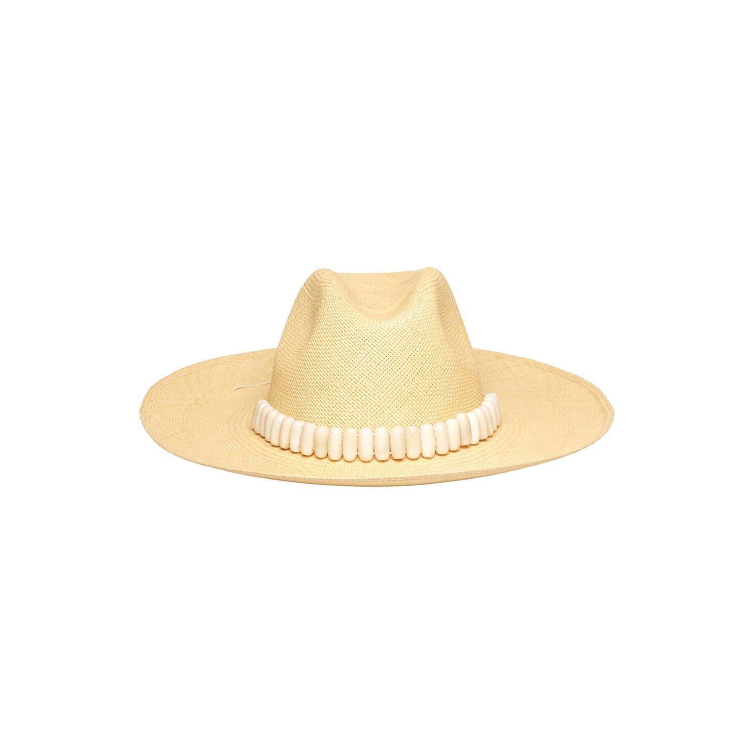Beige toquilla straw Shayak Wide Brim hat with white embellishments for summer style