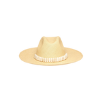 Beige toquilla straw Shayak Wide Brim hat with white embellishments for summer style