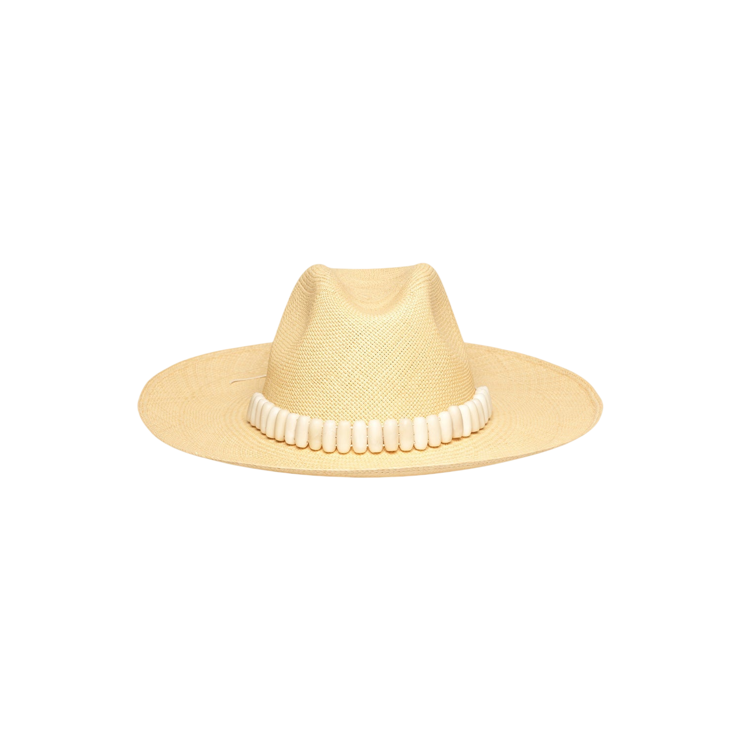 Beige toquilla straw Shayak Wide Brim hat with white embellishments for summer style