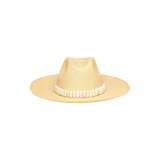 Beige toquilla straw Shayak Wide Brim hat with white embellishments for summer style