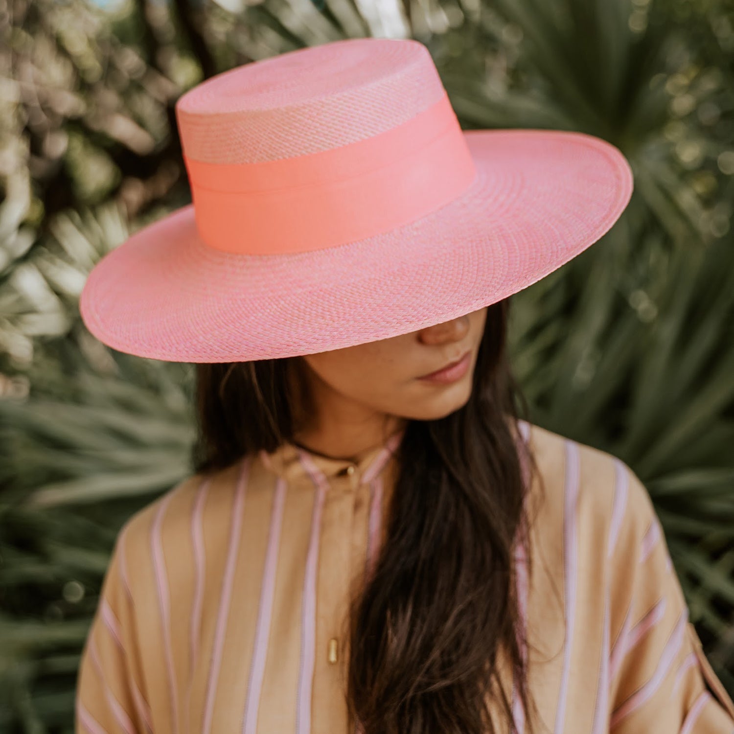 Pink Yaku Wide Brim hat made from genuine Toquilla straw for stylish sun protection