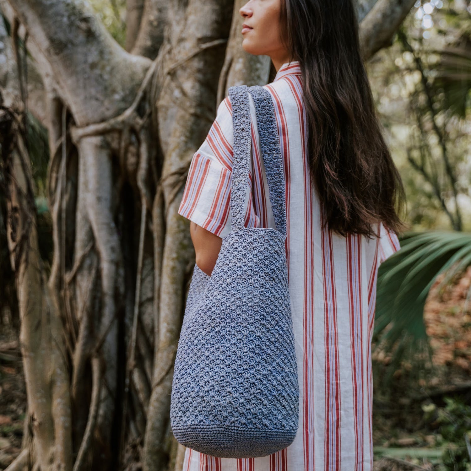 Blue crocheted tote bag, Kai Bag inspired by genuine Panama hat craftsmanship