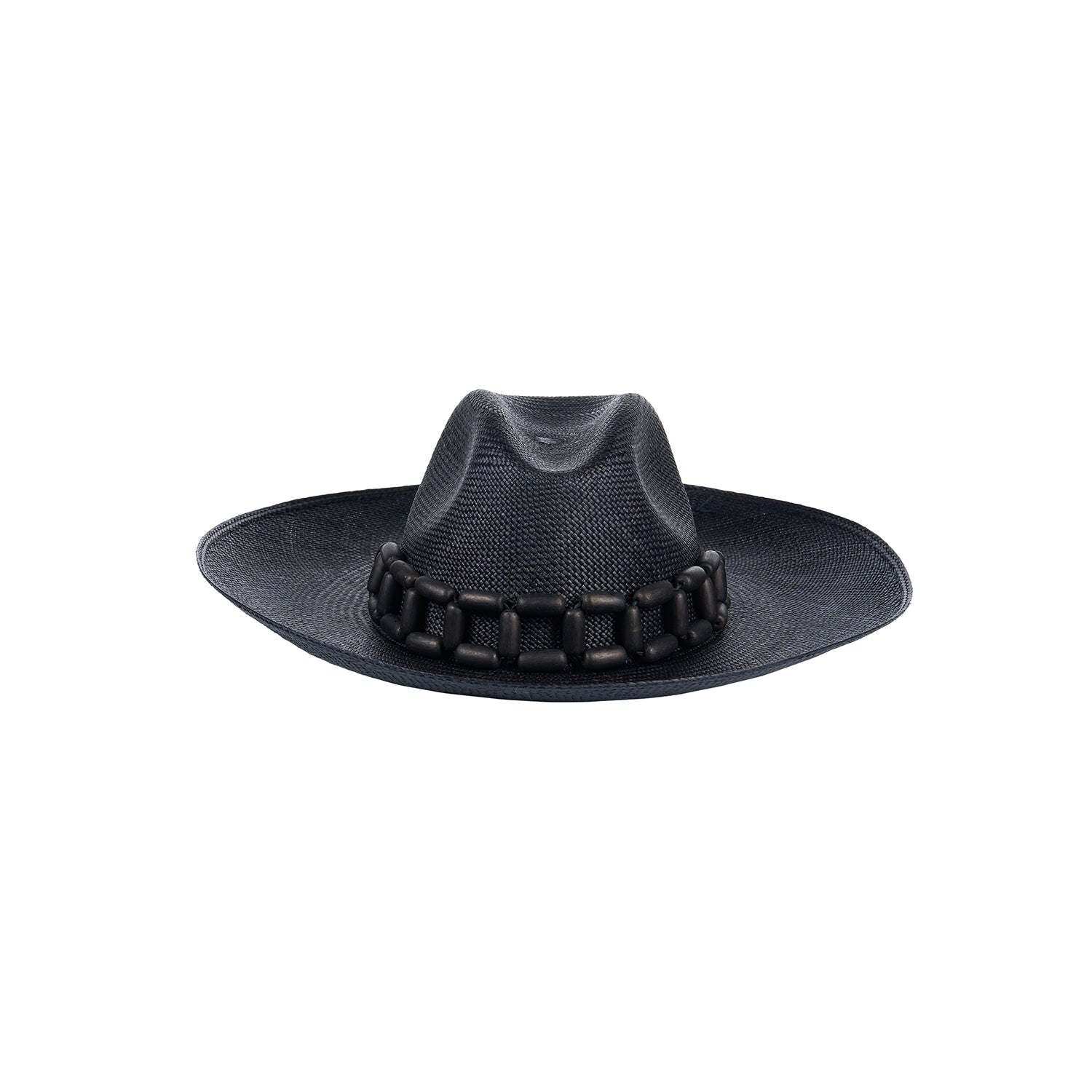 Black woven cowboy hat with chain detail, ethically handcrafted from toquilla straw