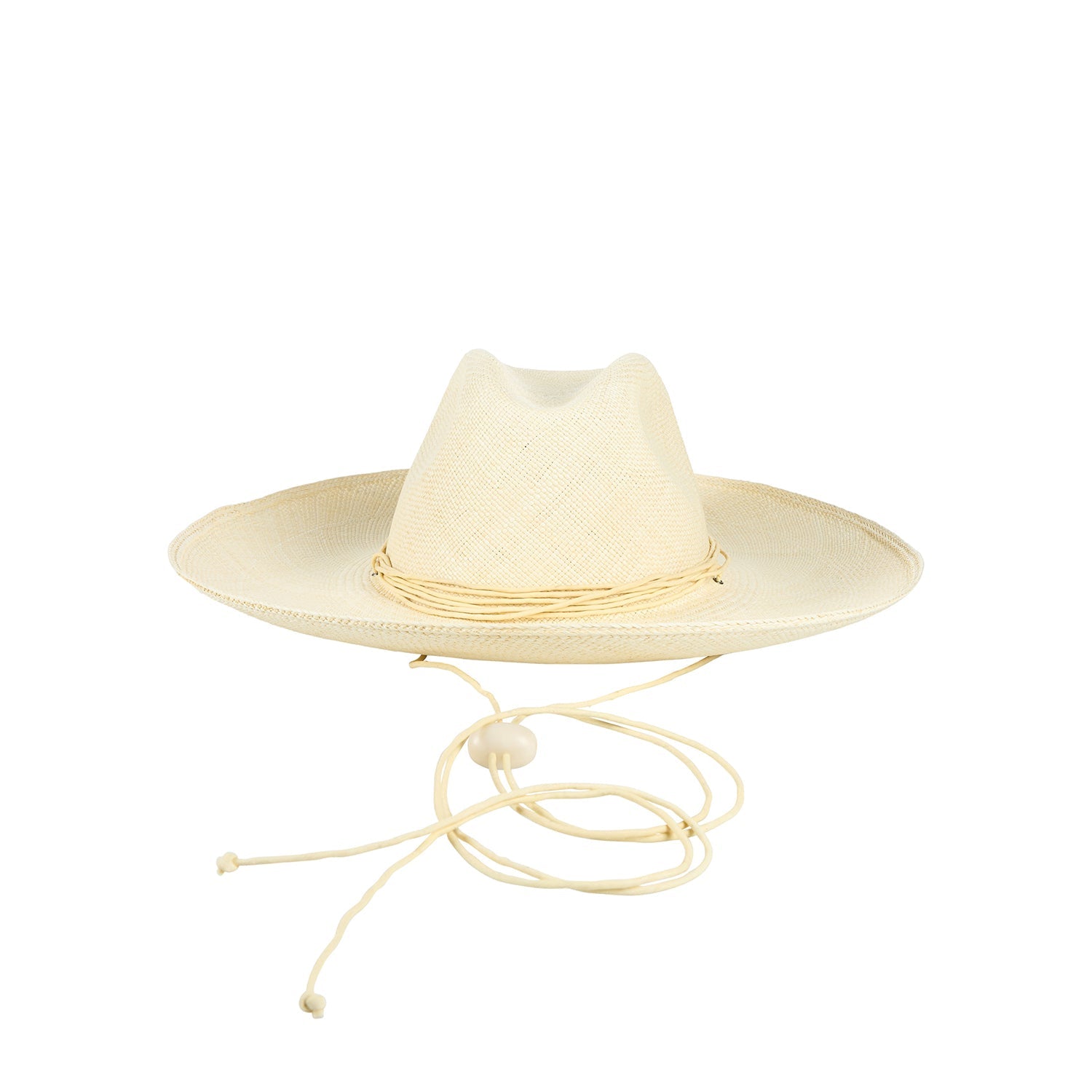 Beige straw cowboy hat made of natural toquilla straw with a chin strap from Bromelia