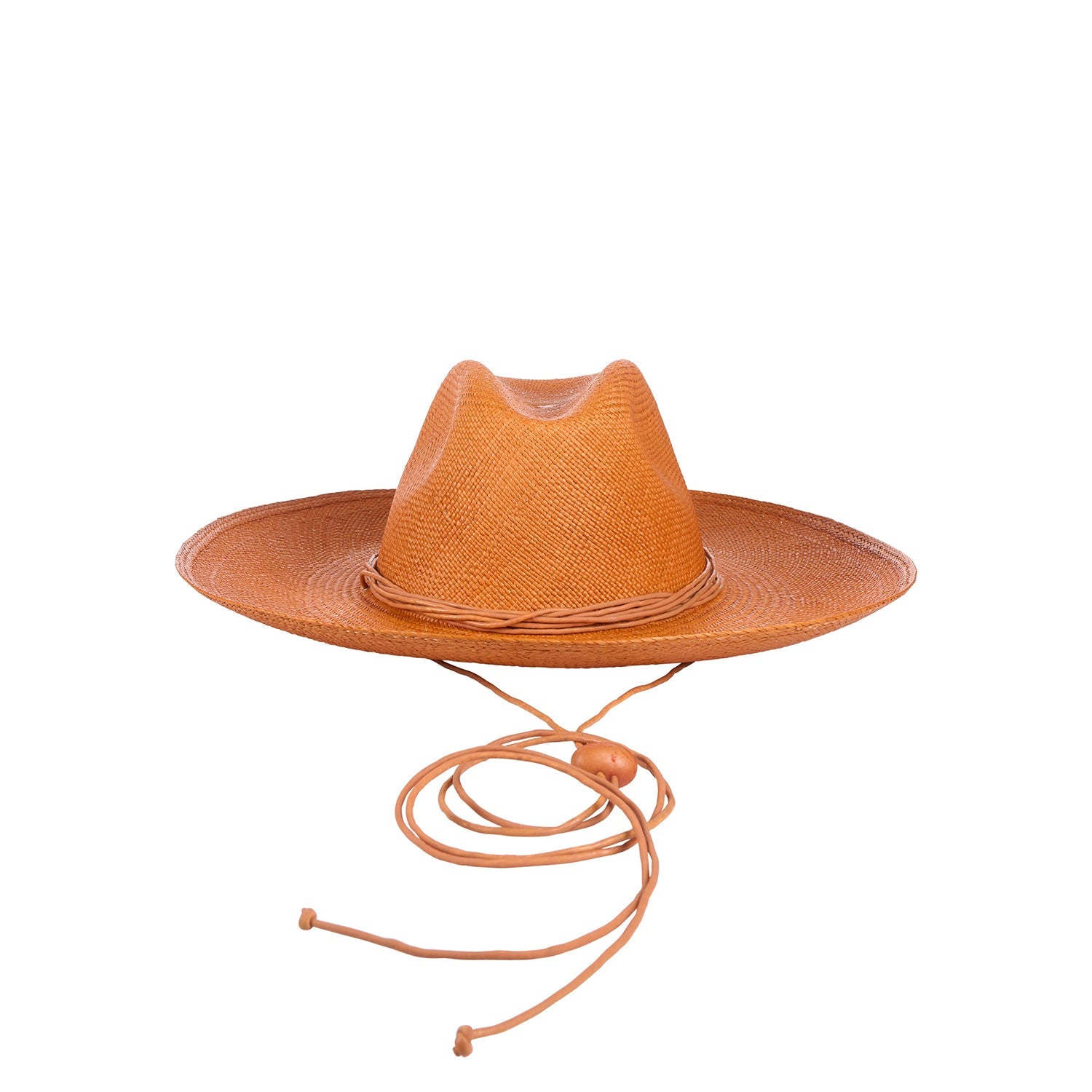 Brown straw cowboy hat made of natural toquilla straw, featuring a chin strap for style