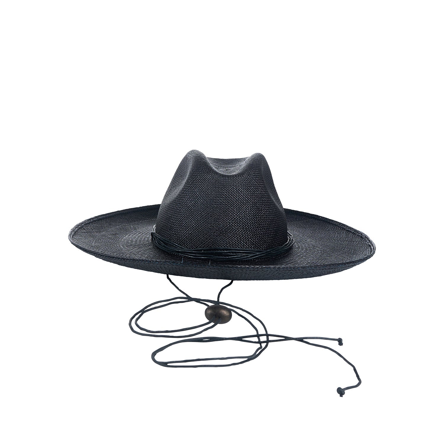 Black straw fedora with chin strap, made of natural toquilla straw, model Bromelia