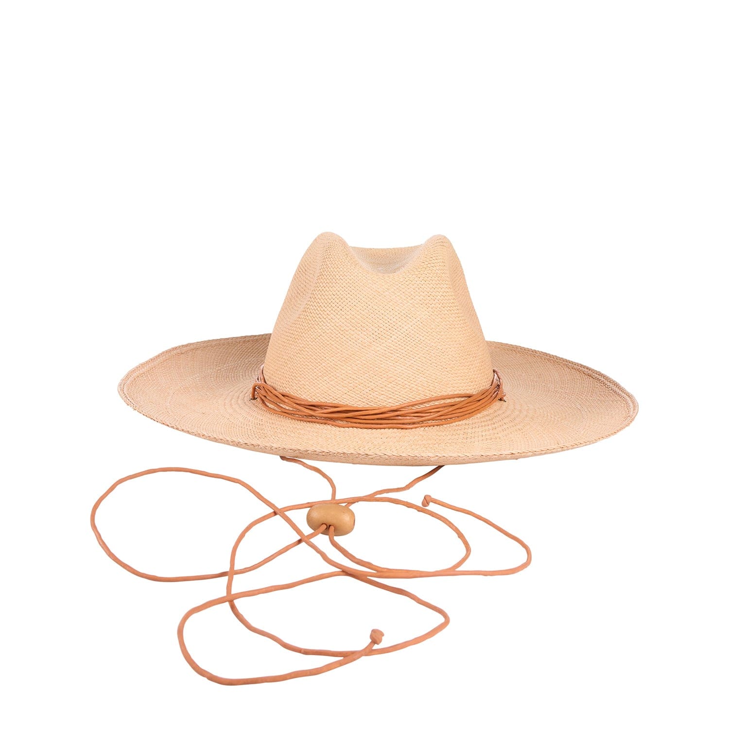 Beige Bromelia Panama hat made of natural toquilla straw with a brown chin strap