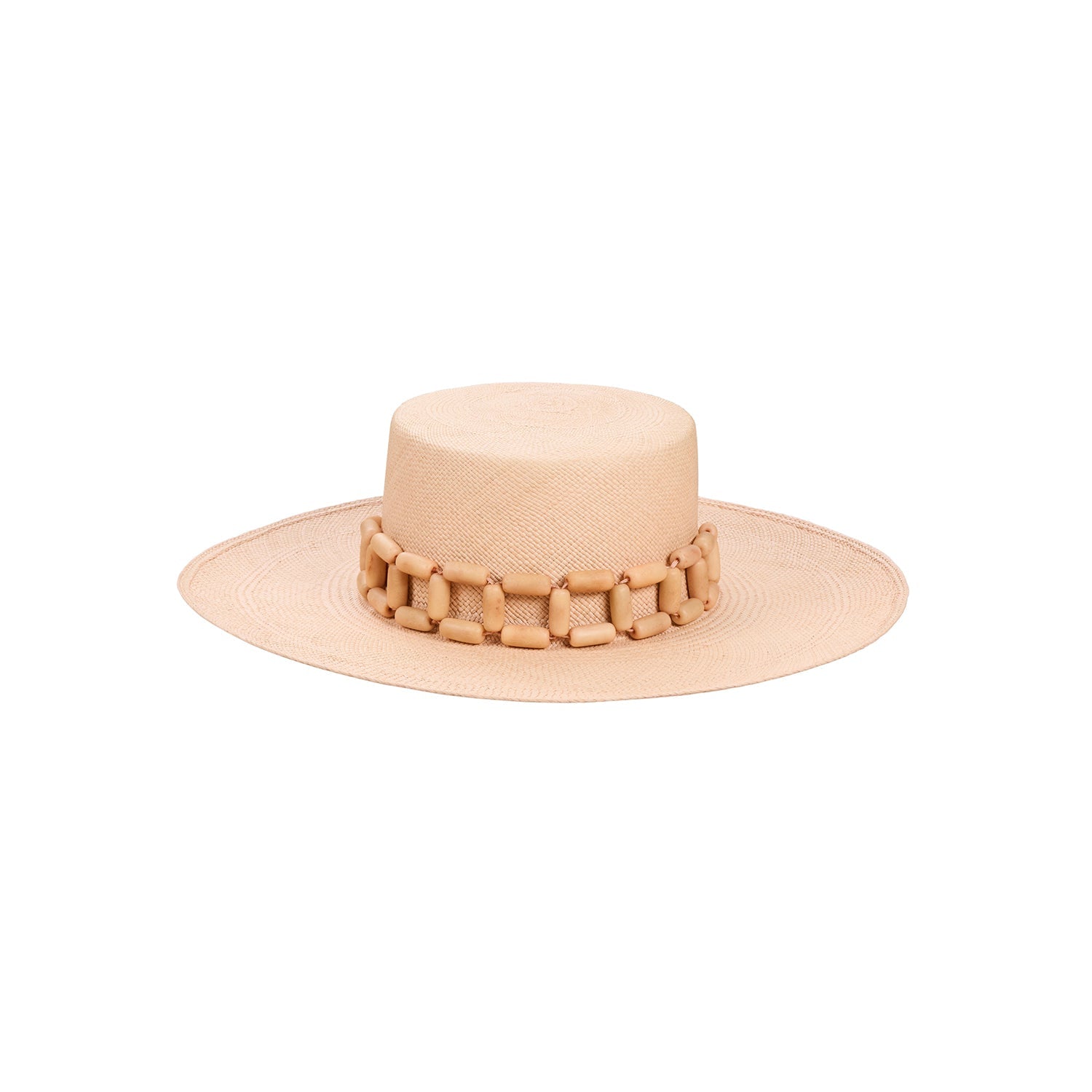 Beige toquilla straw boater hat Ayabe with wooden bead band, ethically handcrafted design