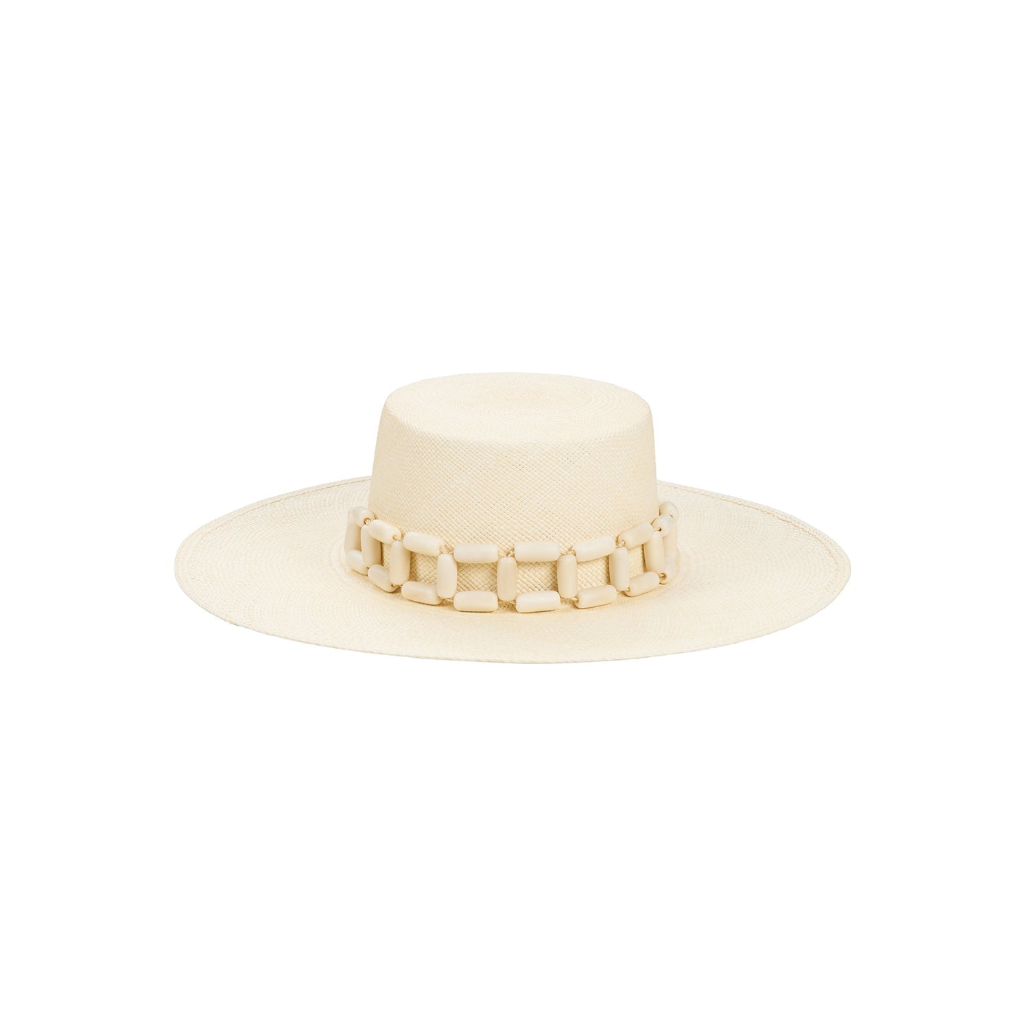 Cream-colored toquilla straw Ayabe hat with chain detail, ethically handcrafted design