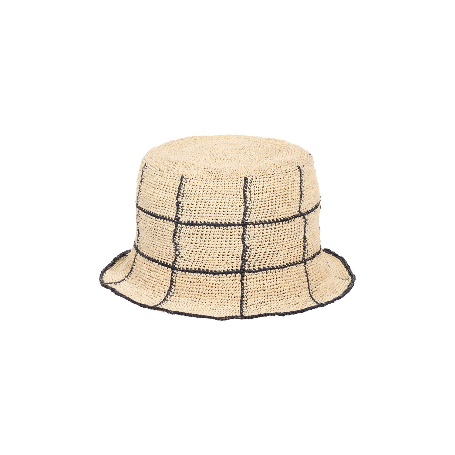 Beige toquilla straw bucket hat with black grid, Cruz Packable, ethically handcrafted