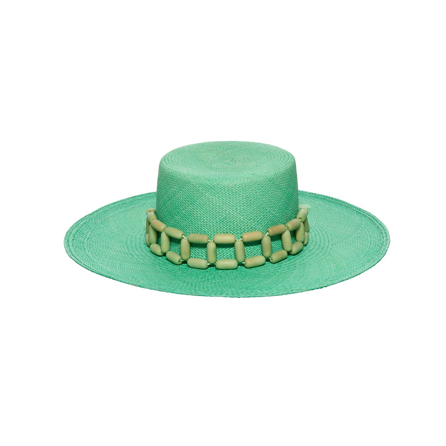 Green toquilla straw Ayabe boater hat with wooden bead band, ethically handcrafted design