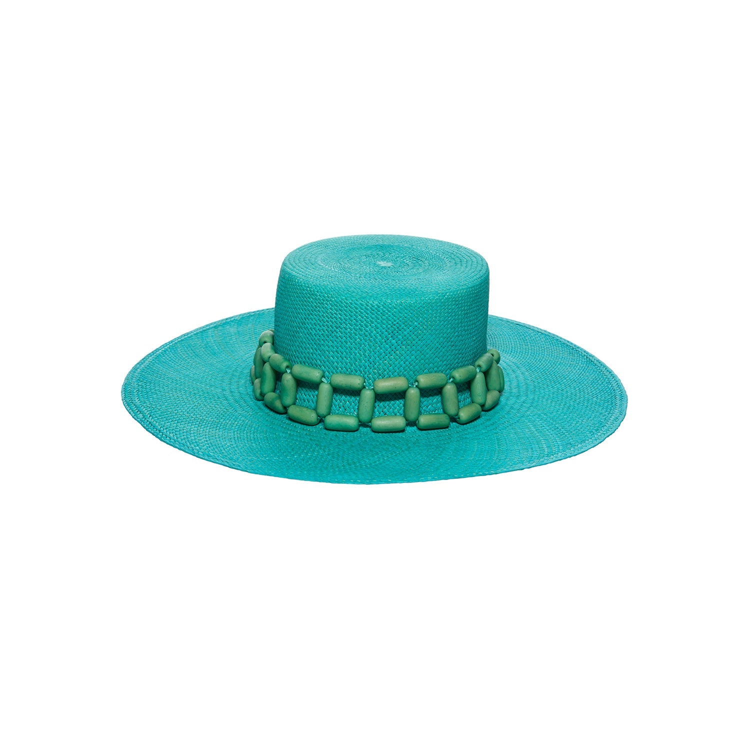 Turquoise toquilla straw hat with beaded band named Ayabe made from sustainable materials