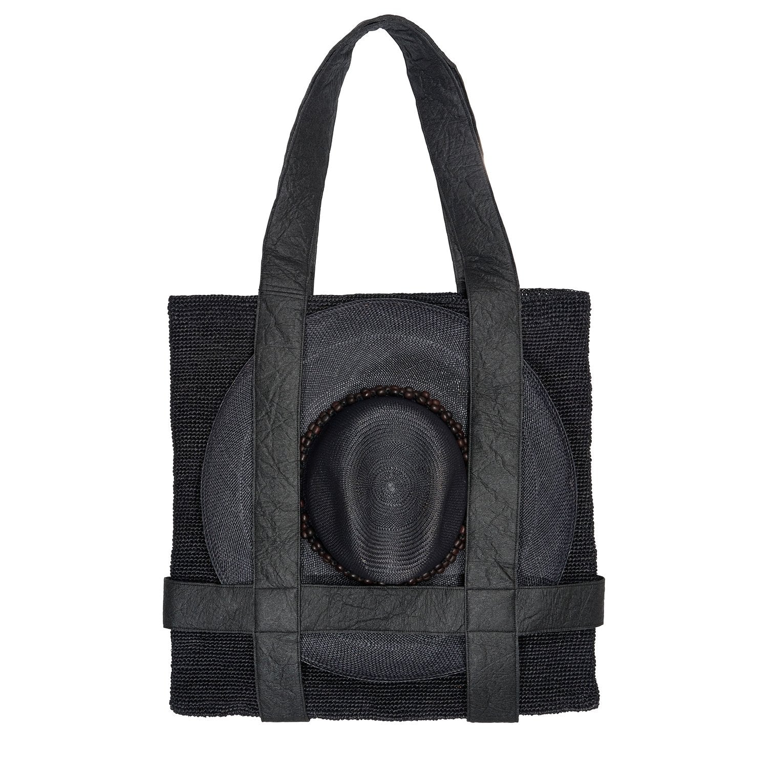Black tote bag with hat made of natural toquilla straw by Nativa