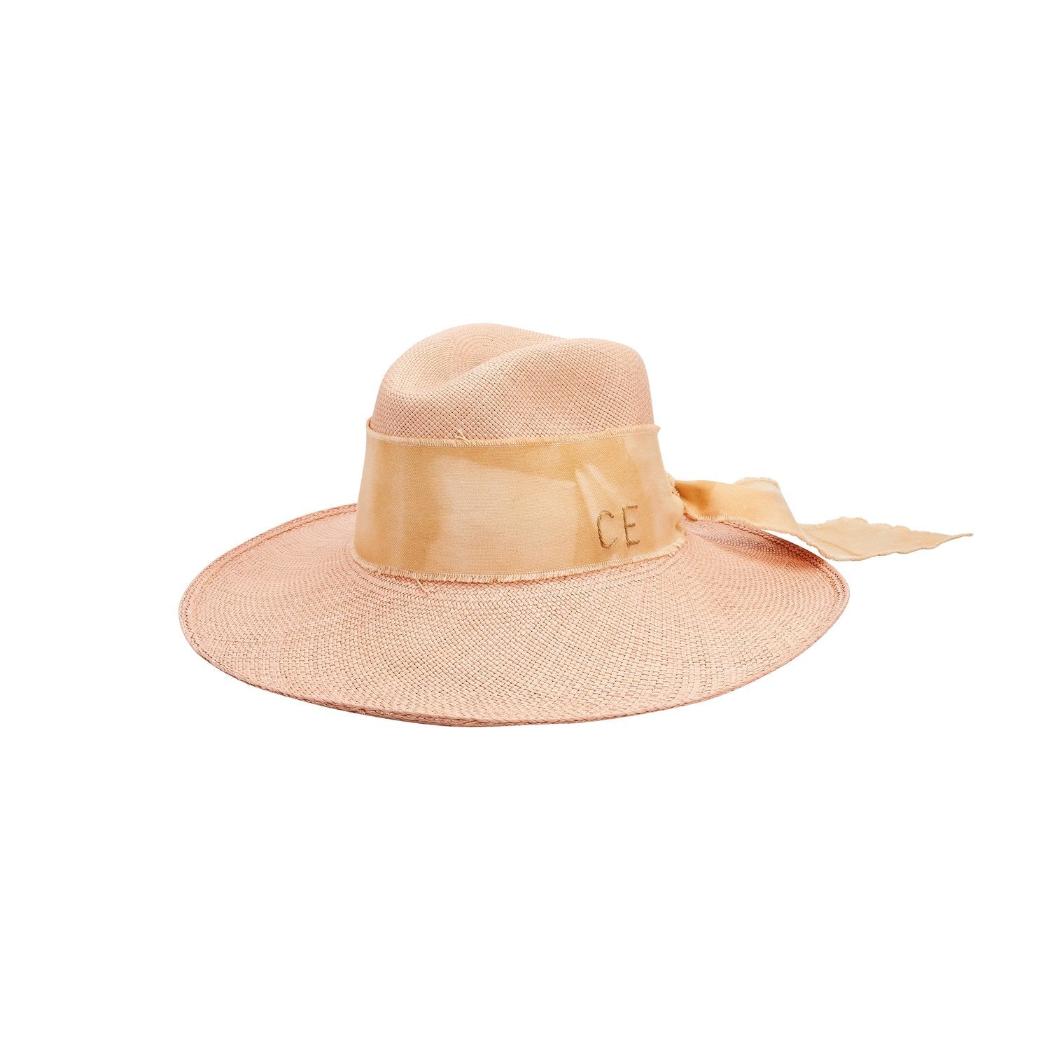 Peach hand dyed toquilla straw hat with ribbon and custom initials design