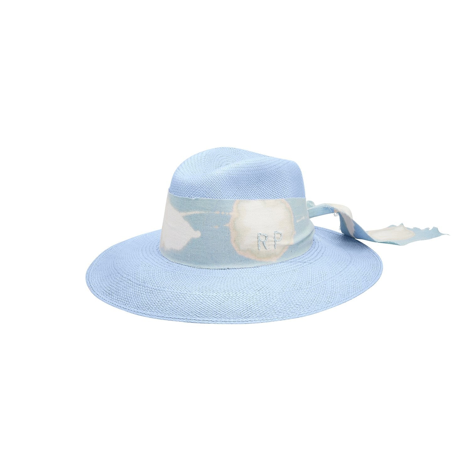 Light blue hand dyed toquilla straw sun hat with custom initials design