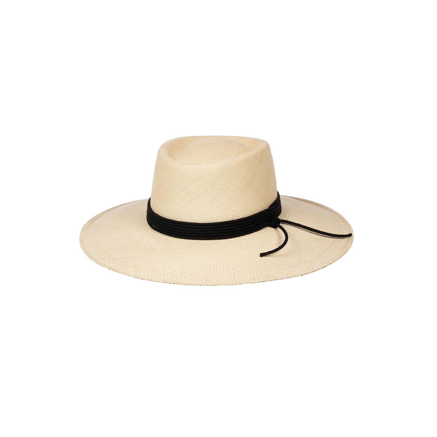 Beige Toquilla straw Puglia Wide Brim hat featuring a stylish black band