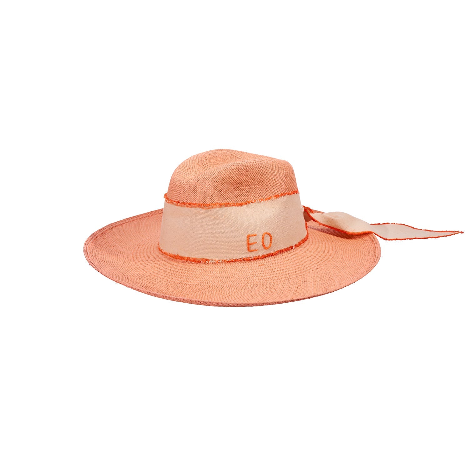 Peach-colored hand dyed Toquilla straw sun hat with ribbon, Izu - Clasico - Custom Initials