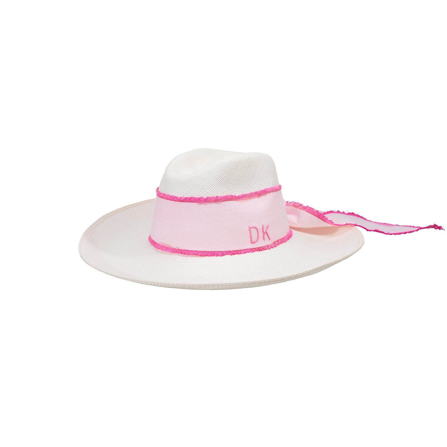 White sun hat with pink ribbon, hand dyed, made from genuine Panama hat toquilla straw