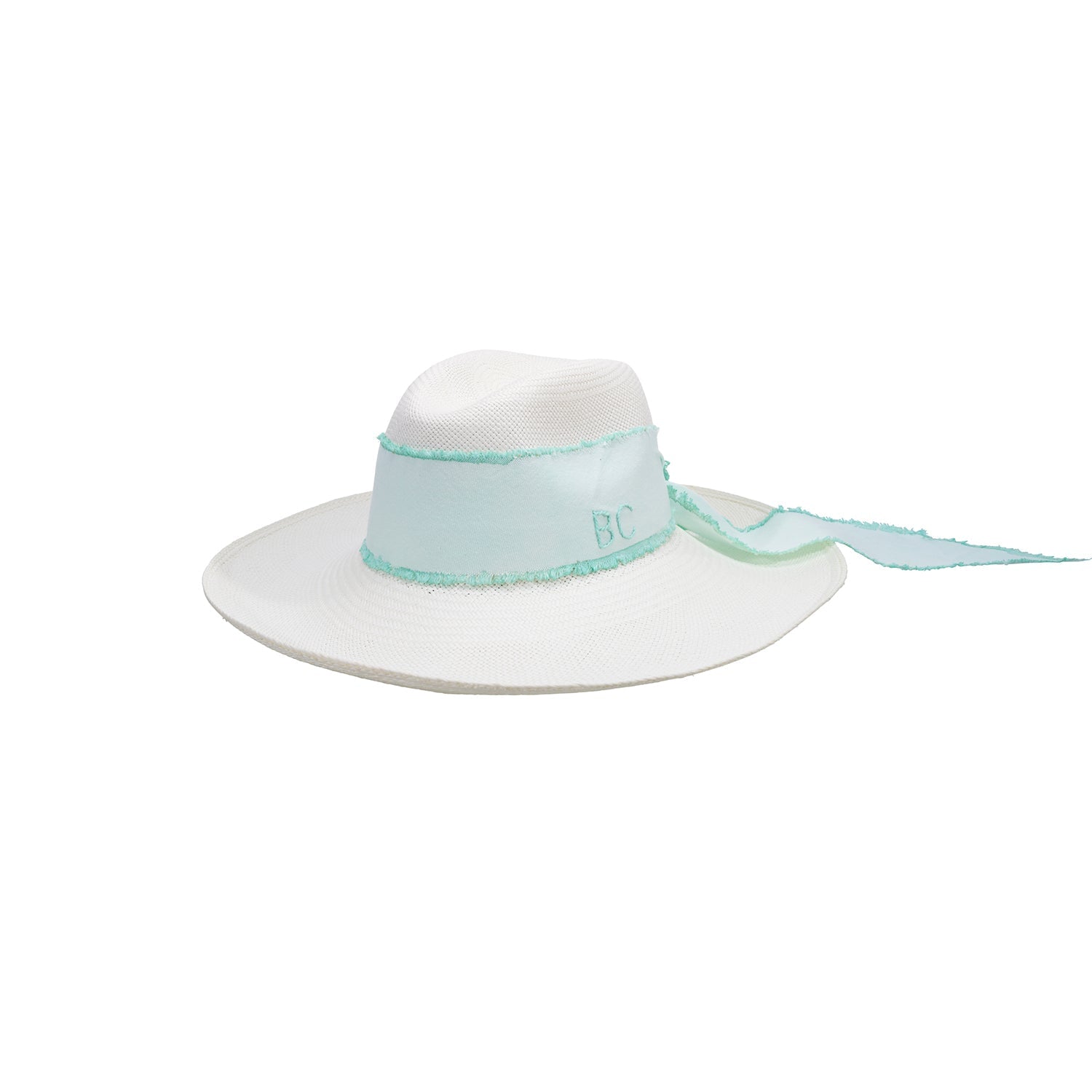 White sun hat with light blue ribbon, a genuine Panama hat made from hand dyed toquilla straw