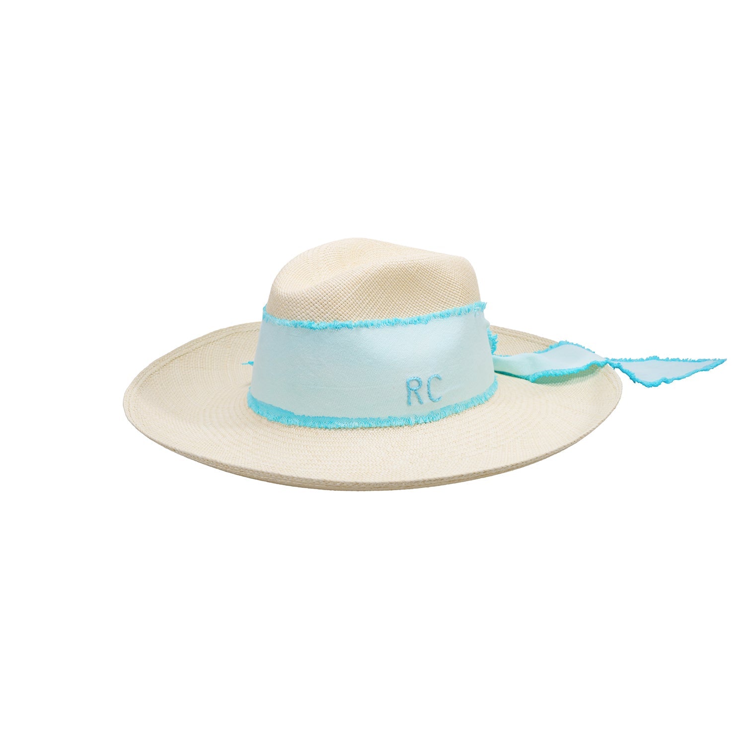 Beige toquilla straw hat with light blue ribbon from Izu - Clasico - Custom Initials